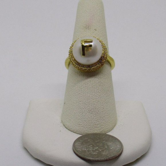 Freshwater Pearl 12mm and Simulated Diamond Initial F Ring in 18K YG Pla… - Picture 6 of 8